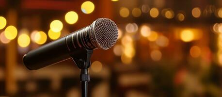 AI generated Microphone on stage with wooden bench blur light background photo