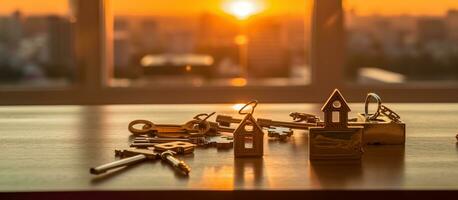 AI generated Keys on the table in new apartment against the background of sunset photo