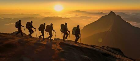 AI generated people on peak mountain climbing helping team work photo