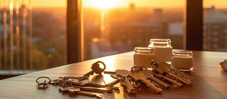 AI generated Keys on the table in new apartment against the background of sunset photo