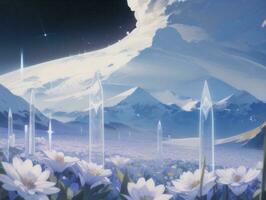 AI generated Surreal Landscape With Field and Nature Looking at the Celestial Starry Sky Majestic Background photo