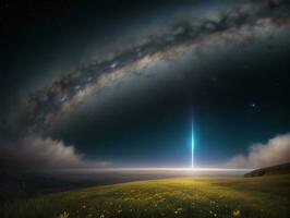 AI generated Surreal Landscape With Field and Nature Looking at the Celestial Starry Sky Majestic Background photo