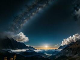 ai generado surrealista paisaje con campo y naturaleza mirando a el celestial estrellado cielo majestuoso antecedentes foto