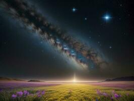 AI generated Surreal Landscape With Field and Nature Looking at the Celestial Starry Sky Majestic Background photo