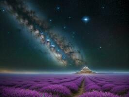 AI generated Surreal Landscape With Field and Nature Looking at the Celestial Starry Sky Majestic Background photo