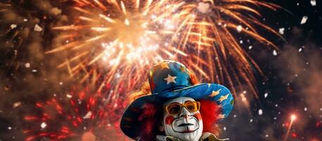 AI generated Happy harlequin clown with fireworks on background backview photo