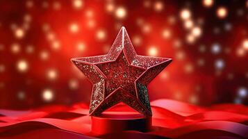 AI generated 3d star on red background decorated with curves and glitter Generative A photo