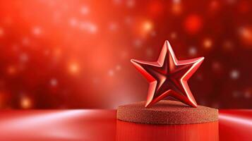 AI generated 3d star on red background decorated with curves and glitter Generative A photo