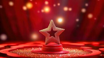 AI generated 3d star on red background decorated with curves and glitter Generative A photo