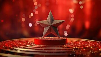 AI generated 3d star on red background decorated with curves and glitter Generative A photo