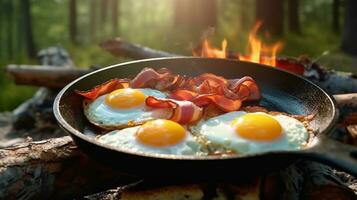 AI generated Camping breakfast with bacon and eggs in a cast iron skille photo