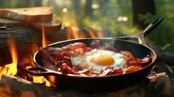 AI generated Camping breakfast with bacon and eggs in a cast iron skille photo