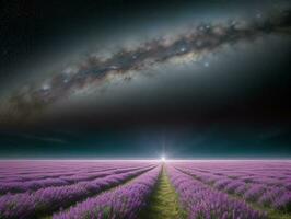 AI generated Surreal Landscape With Field and Nature Looking at the Celestial Starry Sky Majestic Background photo