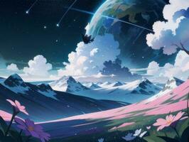 AI generated Surreal Landscape With Field and Nature Looking at the Celestial Starry Sky Majestic Background photo