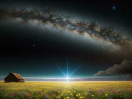 AI generated Surreal Landscape With Field and Nature Looking at the Celestial Starry Sky Majestic Background photo