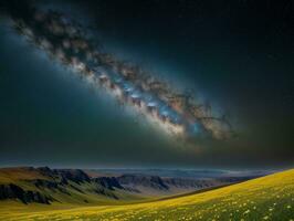 ai generado surrealista paisaje con campo y naturaleza mirando a el celestial estrellado cielo majestuoso antecedentes foto