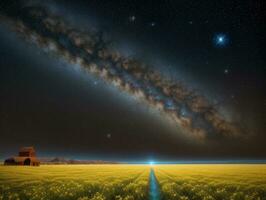 AI generated Surreal Landscape With Field and Nature Looking at the Celestial Starry Sky Majestic Background photo