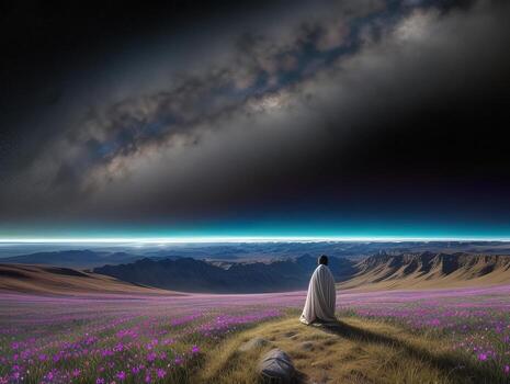 AI generated Surreal Landscape With Field and Nature Looking at the Celestial Starry Sky Majestic Background photo