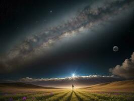 AI generated Surreal Landscape With Field and Nature Looking at the Celestial Starry Sky Majestic Background photo
