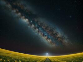 AI generated Surreal Landscape With Field and Nature Looking at the Celestial Starry Sky Majestic Background photo
