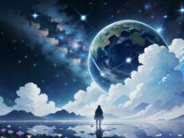 AI generated Surreal Landscape With Field and Nature Looking at the Celestial Starry Sky Majestic Background photo