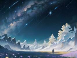 AI generated Surreal Landscape With Field and Nature Looking at the Celestial Starry Sky Majestic Background photo