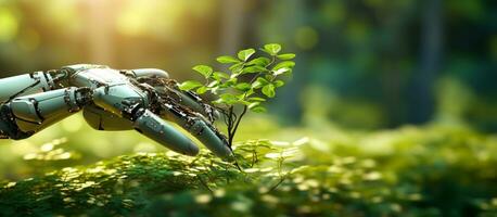 AI generated Robot hand holding small plants with Environment icon photo