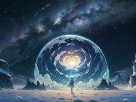 AI generated Surreal Landscape With Field and Nature Looking at the Celestial Starry Sky Majestic Background photo