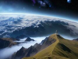 AI generated Surreal Landscape With Field and Nature Looking at the Celestial Starry Sky Majestic Background photo