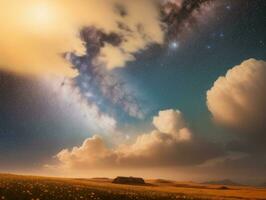 AI generated Surreal Landscape With Field and Nature Looking at the Celestial Starry Sky Majestic Background photo