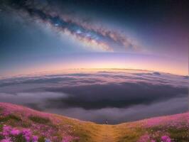 AI generated Surreal Landscape With Field and Nature Looking at the Celestial Starry Sky Majestic Background photo
