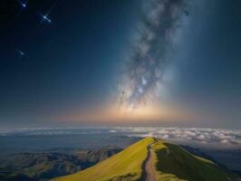 ai generado surrealista paisaje con campo y naturaleza mirando a el celestial estrellado cielo majestuoso antecedentes foto