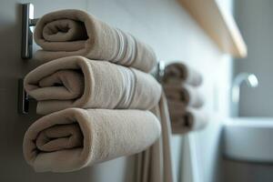 unadorned towel rack holding neatly folded plush towels Generative AI photo