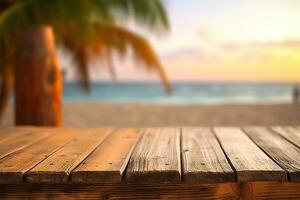 A photo of an empty wooden table with a tiki beach bar blurred background Generative AI