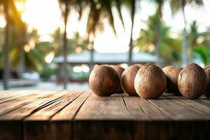 A photo of young coconuts an wooden table with a tiki beach bar blurred background Generative AI