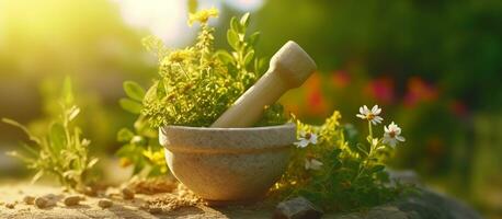 AI generated Mortar with pestle medical plant and sunshine photo