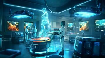 AI generated Operating room Doctor or Surgeon anatomy on Advanced robotic surgery machine photo