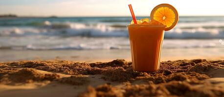 AI generated Orange drink, beach background photo