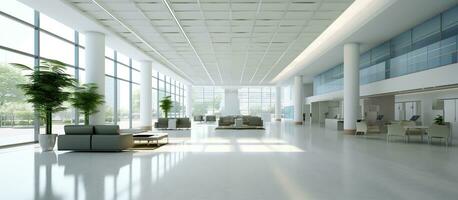 AI generated Panorama of a bright reception and waiting room in a clinic with desk photo