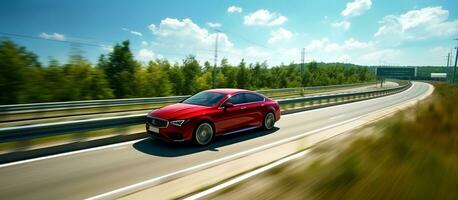 AI generated Red Business car on high speed in turn. photo