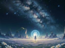AI generated Surreal Landscape With Field and Nature Looking at the Celestial Starry Sky Majestic Background photo