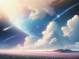 AI generated Surreal Landscape With Field and Nature Looking at the Celestial Starry Sky Majestic Background photo