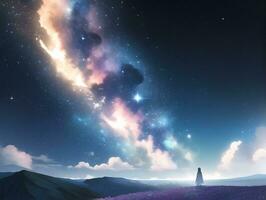 AI generated Surreal Landscape With Field and Nature Looking at the Celestial Starry Sky Majestic Background photo