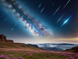 ai generado surrealista paisaje con campo y naturaleza mirando a el celestial estrellado cielo majestuoso antecedentes foto