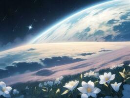 AI generated Surreal Landscape With Field and Nature Looking at the Celestial Starry Sky Majestic Background photo