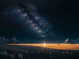 AI generated Surreal Landscape With Field and Nature Looking at the Celestial Starry Sky Majestic Background photo