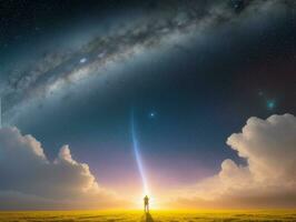 AI generated Surreal Landscape With Field and Nature Looking at the Celestial Starry Sky Majestic Background photo