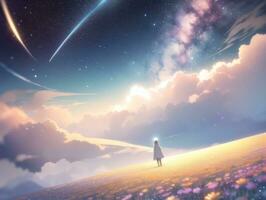 AI generated Surreal Landscape With Field and Nature Looking at the Celestial Starry Sky Majestic Background photo