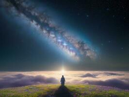 AI generated Surreal Landscape With Field and Nature Looking at the Celestial Starry Sky Majestic Background photo