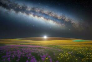 AI generated Surreal Landscape With Field and Nature Looking at the Celestial Starry Sky Majestic Background photo